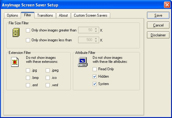 AnyImage Screen Saver filter tab for file size, type, and attributes