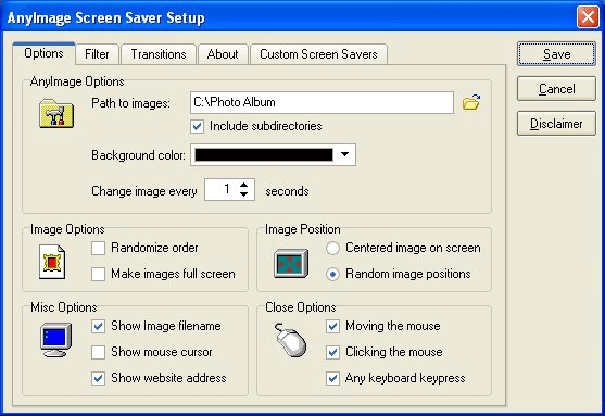 AnyImage Screen Saver setup screen showing image directory and display options