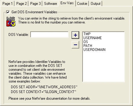 Log Info environment variable capture screen with add and remove options