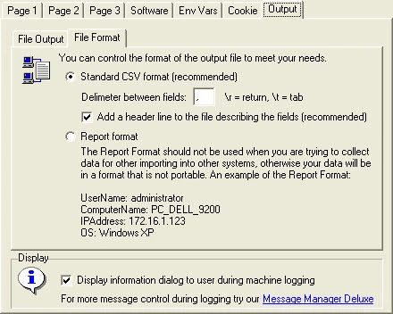 Log Info output format options showing CSV delimiter and report format settings