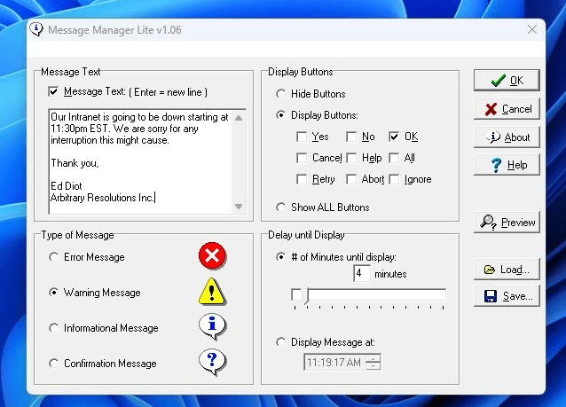Message Manager Lite main configuration screen