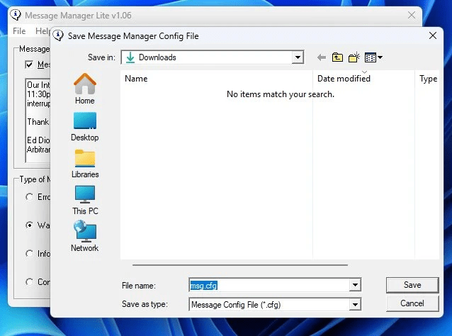 Message Manager Lite save configuration dialog
