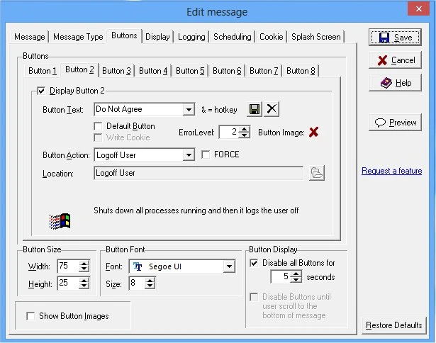 Message Manager Deluxe button configuration with actions, delay, and errorlevel options