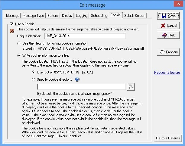 Message Manager Deluxe cookie settings to prevent duplicate message displays