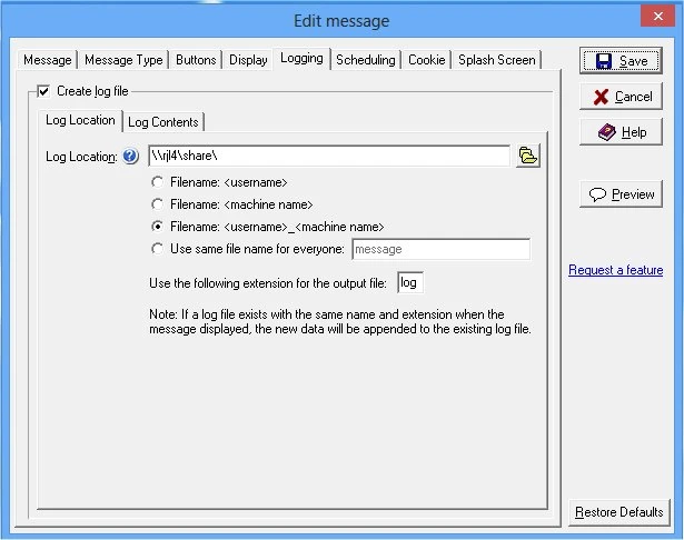 Message Manager Deluxe logging configuration with file path and format options