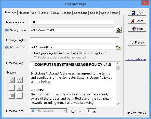 Message Manager Deluxe message editor with text, macros, and font options