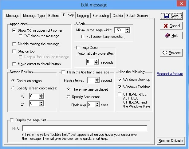 Message Manager Deluxe message options including desktop lockdown and focus control