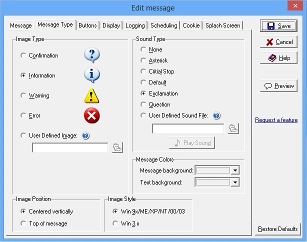 Message Manager Deluxe message type settings with custom images and sounds