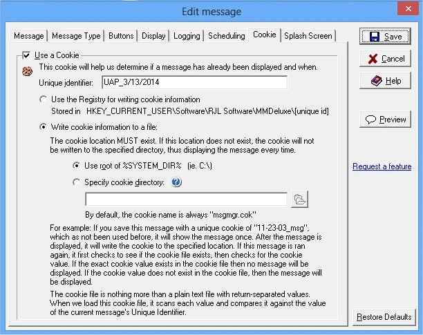 Message Manager Deluxe cookie settings to prevent duplicate message displays