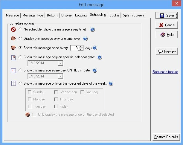 Message Manager Deluxe scheduling with day of week and date range options
