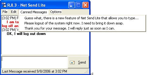 Net Send Lite canned message dropdown for quick message selection