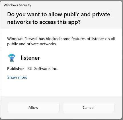 Windows Firewall dialog asking to allow Port Listener network access