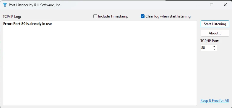 Port Listener error message when a port is already in use by another application