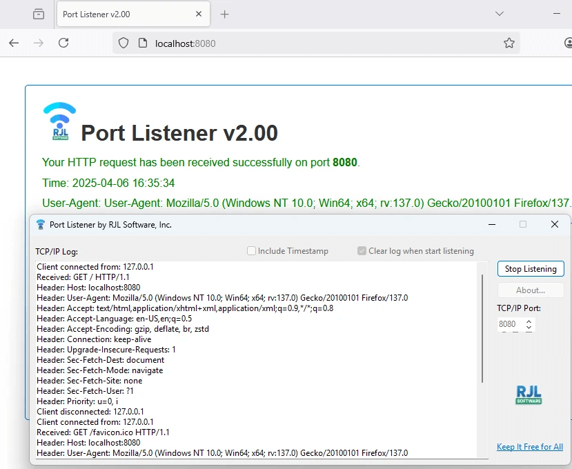 Port Listener detecting an HTTP request on port 8080 and responding with HTML