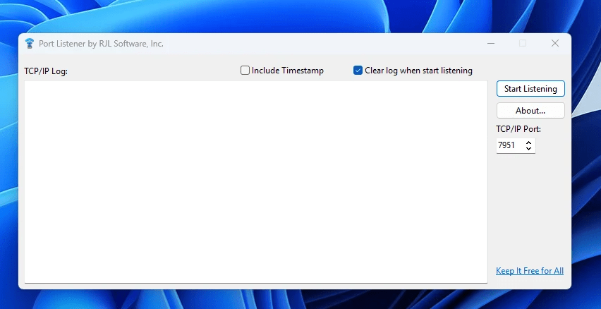 Port Listener main screen showing port number input and Start Listening button