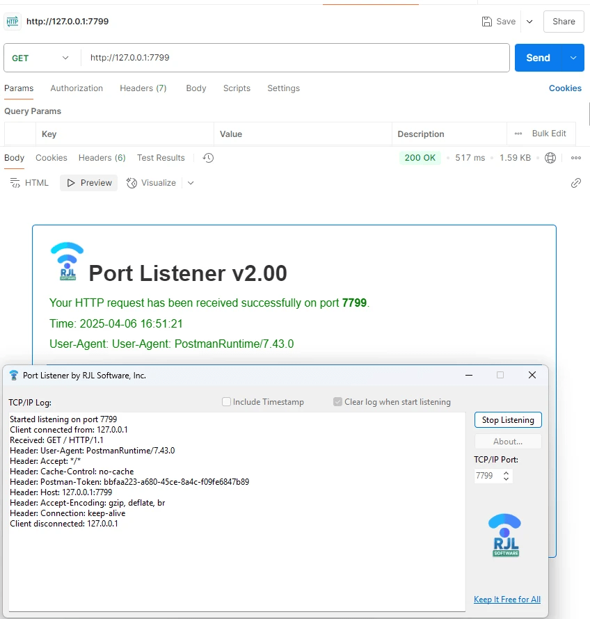 Postman sending an HTTP request to Port Listener on port 7799