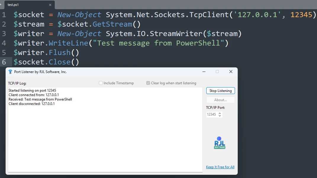 PowerShell script connecting to Port Listener on port 12345