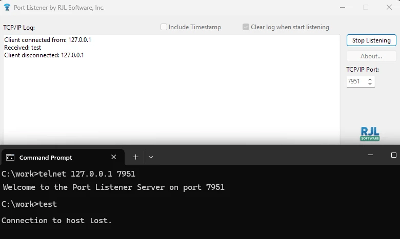 Port Listener responding to a telnet connection with a welcome message