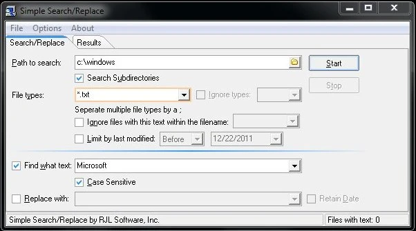 Simple Search-Replace main window showing directory selection, search text field, and file type filter