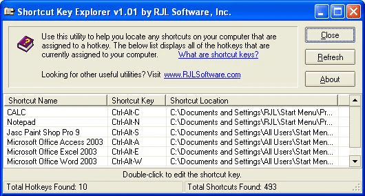 Shortcut Key Explorer main screen showing all discovered hotkeys with sortable columns