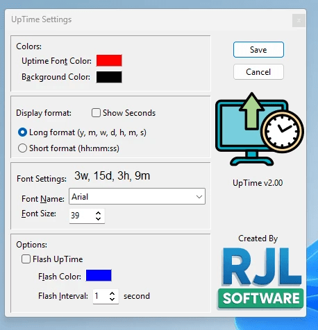 UpTime settings dialog showing customization options for display, fonts, colors, and behavior