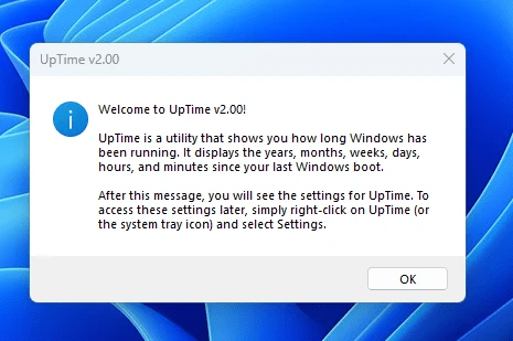 UpTime welcome screen explaining how to use the application and where to find settings