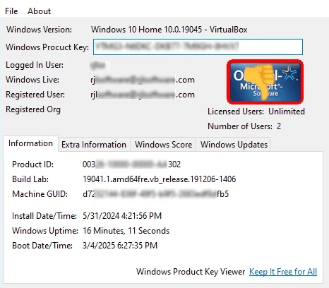 Windows Product Key Viewer on Windows 10 Home